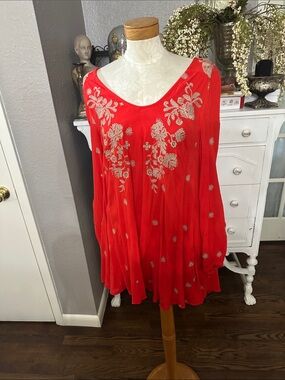 Free People Red Embroidered Peasant Tunic